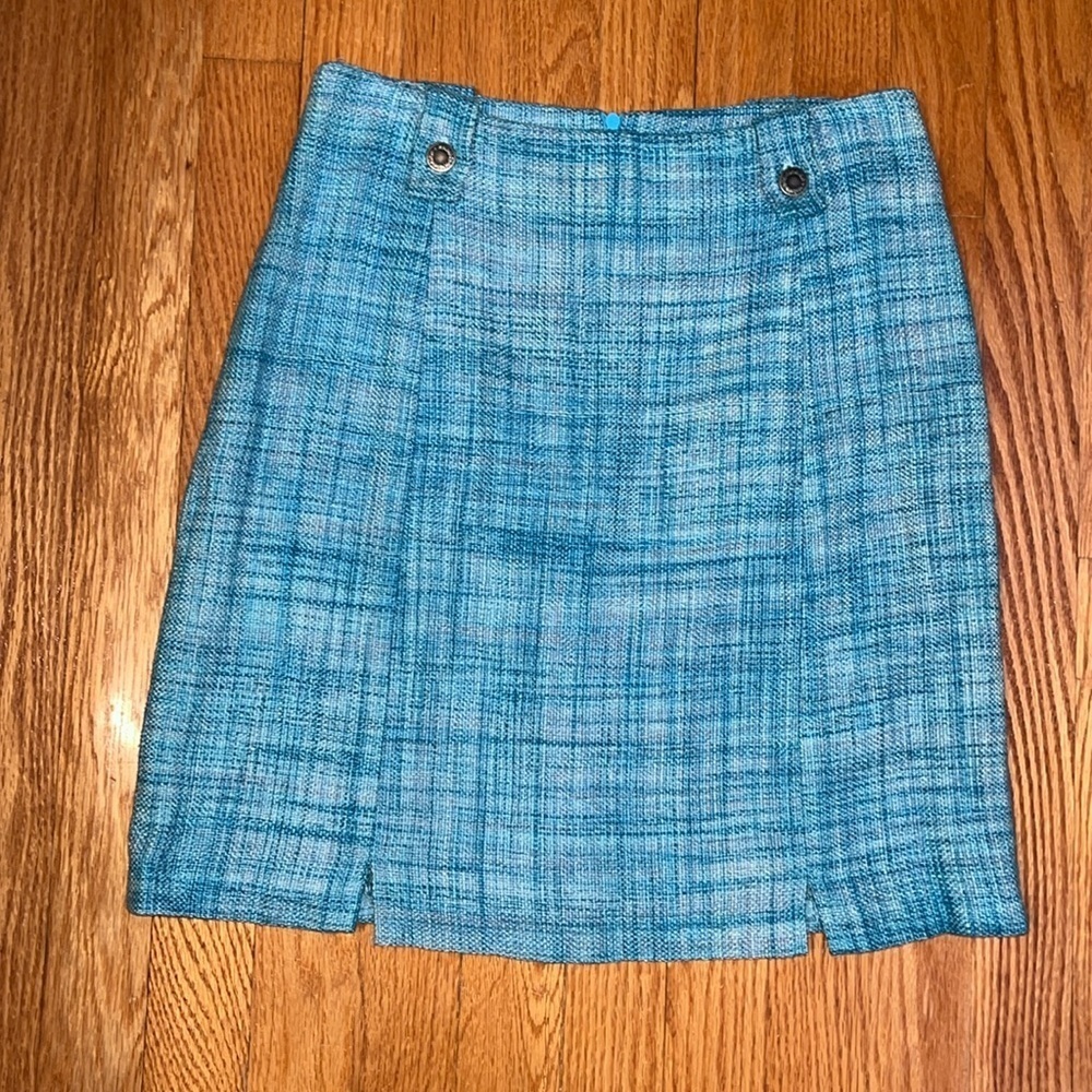 Gorgeous Vintage Blue 100% Silk Tweed Pencil Skirt Blue Zip Back 4